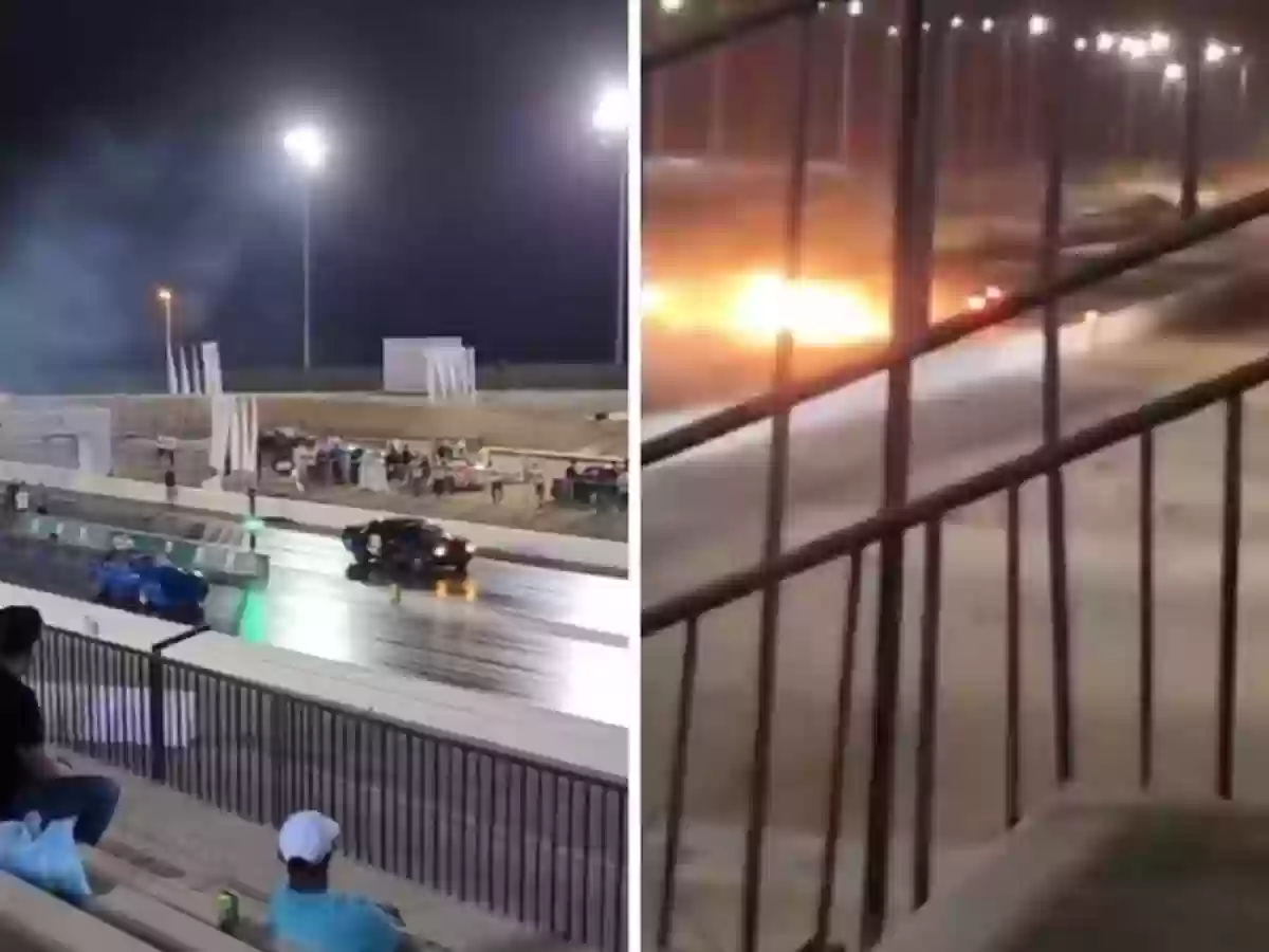 تصادم مرعب بين سيارتين انتهى باشتعالهما في حلبة ديراب الرياض